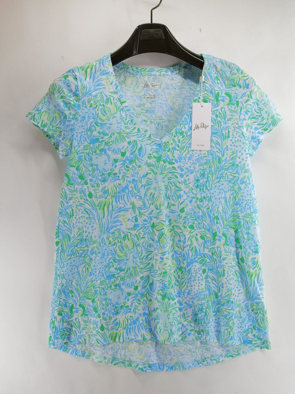 Lilly Pulitzer Etta NWT V-Neck Top Hydra Blue Dandy Lions Cotton Tee Women's XS